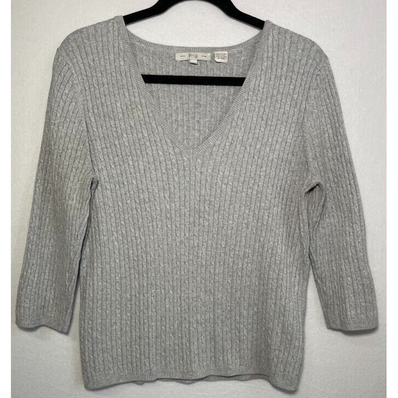 Pria Sweater Women Large Gray 3/4 Sleeve V-Neck Knit Lightweight Casual - Picture 1 of 14